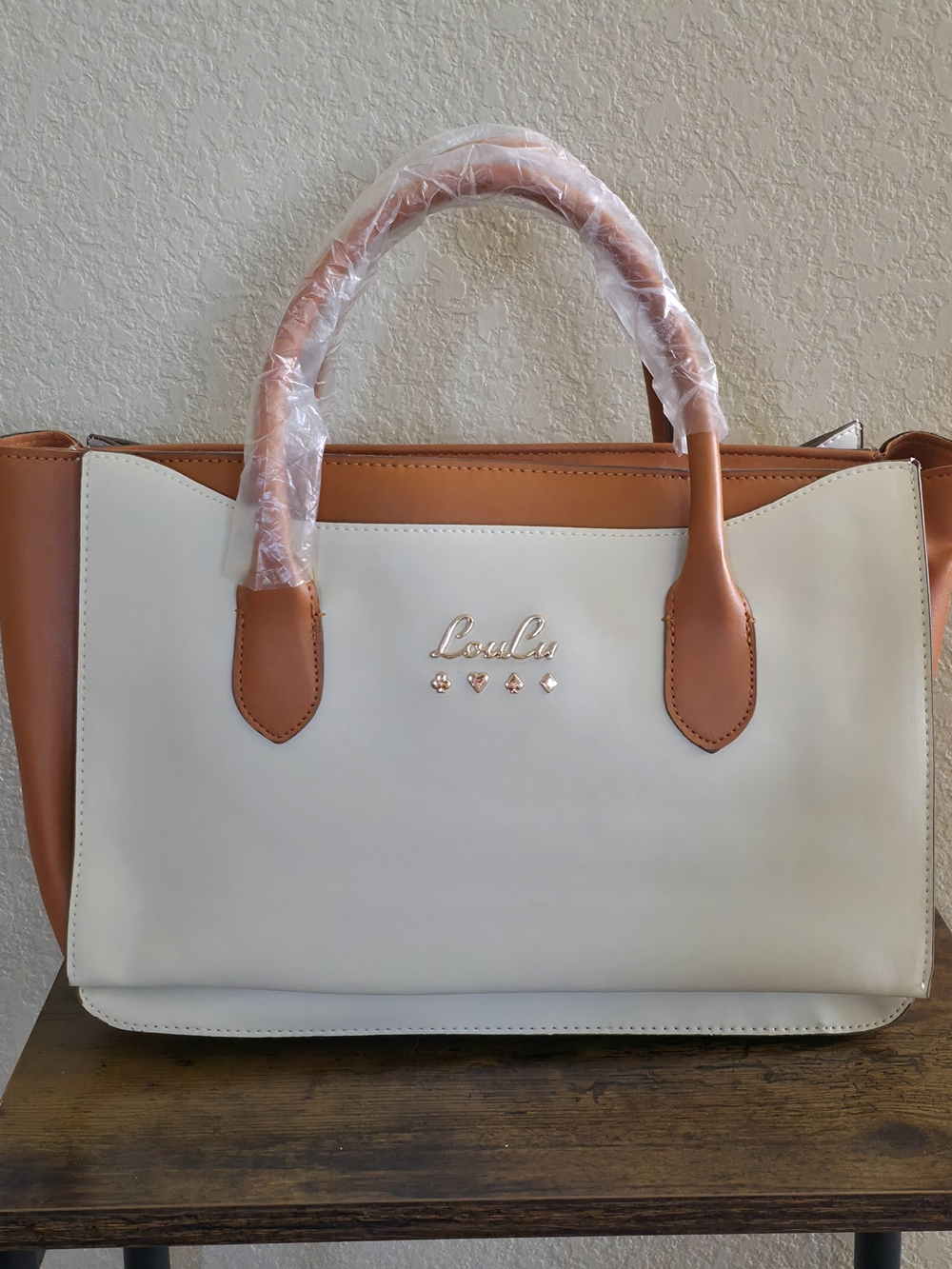 LouLu Two-Tone Cream and Tan Satchel with Top Handles
